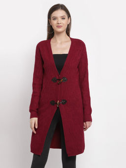 Mafadeny - Women Maroon Textured Full Sleeve Viscose Longline Shrug