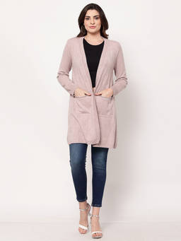 Mafadeny - Women Self Design Pink Full Sleeves Viscose Winterwear Longline Shrug