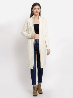 Mafadeny - Women Off White Self Design Full Sleeve Viscose Longline Shrug