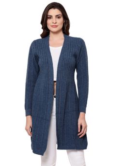 Mafadeny - Women Viscose Blue Self Design Longline Winter Shrug