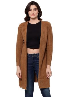 Mafadeny - Women Viscose Brown Self Design Longline Winter Shrug