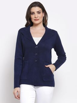 Mafadeny - Women Viscose Solid Lapel Collar Navy Blue Cardigan
