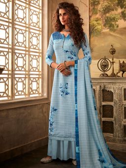 Stylee LIFESTYLE - Blue Pashmina Printed Unstitched Dress Material (Set of 3)