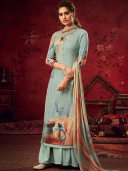 Stylee LIFESTYLE - Turquoise Pashmina Printed Unstitched Dress Material (Set of 3)