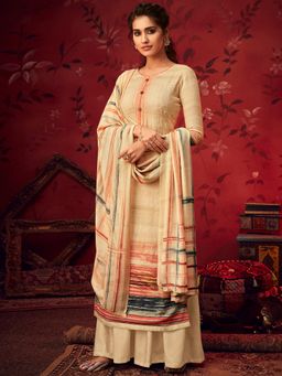 Stylee LIFESTYLE - Beige Pashmina Printed Unstitched Dress Material (Set of 3)