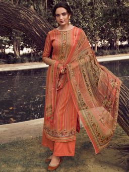 Stylee LIFESTYLE - Peach Pashmina Printed Unstitched Dress Material (Set of 3)