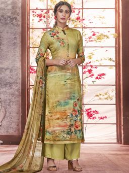 Stylee LIFESTYLE - Olive Pashmina Printed Unstitched Dress Material (Set of 3)