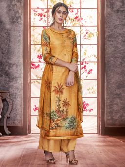 Stylee LIFESTYLE - Yellow Pashmina Printed Unstitched Dress Material (Set of 3)