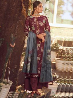 Stylee LIFESTYLE - Maroon Printed Unstitched Dress Material (Set of 3)