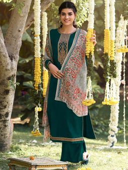 Stylee LIFESTYLE - Green Embroidered Unstitched Dress Material (Set of 3)
