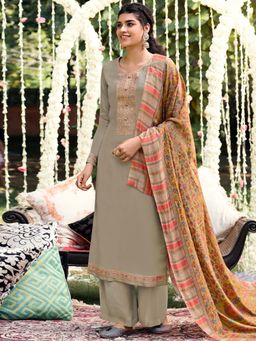 Stylee LIFESTYLE - Grey Embroidered Unstitched Dress Material (Set of 3)