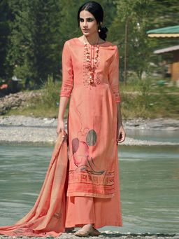 Stylee LIFESTYLE - Peach Printed Unstitched Dress Material (Set of 3)