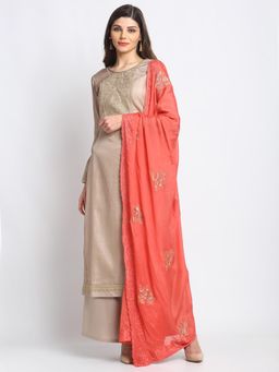 Stylee LIFESTYLE - Beige Tussar Silk Embroidered Dress Material (Set of 3)