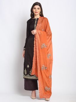 Stylee LIFESTYLE - Brown Tussar Silk Embroidered Dress Material (Set of 3)