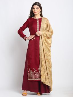 Stylee LIFESTYLE - Wine Tussar Silk Embroidered Dress Material (Set of 3)