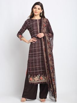Stylee LIFESTYLE - Brown Jam Satin Embroidered Dress Material (Set of 3)