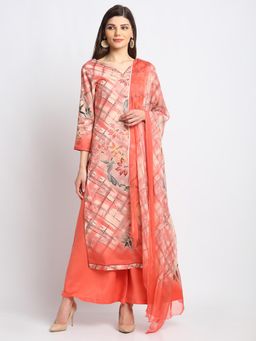 Stylee LIFESTYLE - Peach Jam Satin Embroidered Dress Material (Set of 3)
