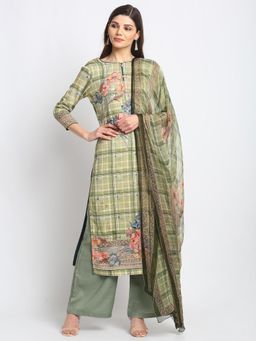 Stylee LIFESTYLE - Green Jam Satin Embroidered Dress Material (Set of 3)