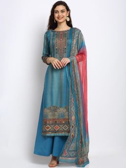 Stylee LIFESTYLE - Blue Jam Satin Printed Dress Material (Set of 3)