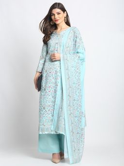 Stylee LIFESTYLE - Turquoise Jam Satin Printed Dress Material (Set of 3)