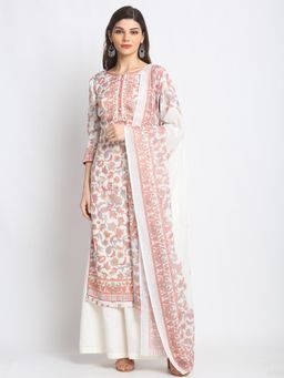 Stylee LIFESTYLE - Cream Jam Satin Printed Dress Material (Set of 3)