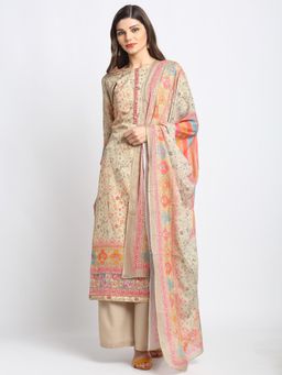 Stylee LIFESTYLE - Beige Jam Satin Printed Dress Material (Set of 3)