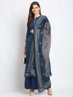 Stylee LIFESTYLE - Navy Blue Jam Satin Printed Dress Material (Set of 3)