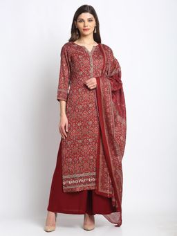 Stylee LIFESTYLE - Maroon Jam Satin Printed Dress Material (Set of 3)