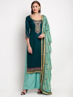 Stylee LIFESTYLE - Green Jam Satin Embroidered Dress Material (Set of 3)