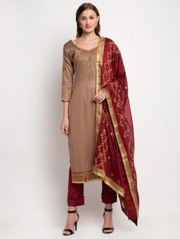 Stylee LIFESTYLE - Beige Jam Satin Embroidered Dress Material (Set of 3)