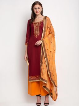 Stylee LIFESTYLE - Maroon Jam Satin Embroidered Dress Material (Set of 3)