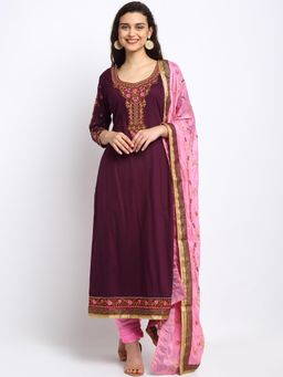 Stylee LIFESTYLE - Purple Jam Satin Embroidered Dress Material (Set of 3)