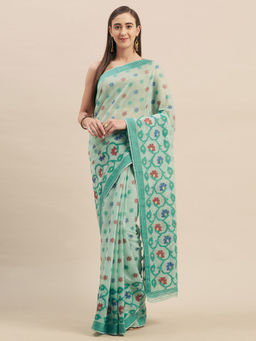 Stylee LIFESTYLE - Turquoise Jamdani Silk Jacquard Saree With Unstitched Blouse