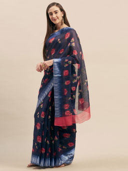 Stylee LIFESTYLE - Navy Blue Linen Printed Saree With Unstitched Blouse