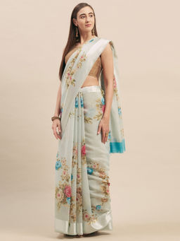 Stylee LIFESTYLE - Off White Linen Printed Saree With Unstitched Blouse