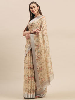 Stylee LIFESTYLE - Beige Linen Printed Saree With Unstitched Blouse