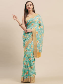 Stylee LIFESTYLE - Turquoise Cotton Blend Printed Saree With Unstitched Blouse
