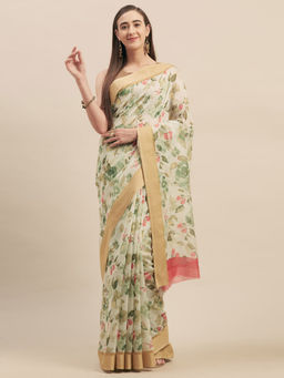 Stylee LIFESTYLE - Off White Cotton Blend Printed Saree With Unstitched Blouse