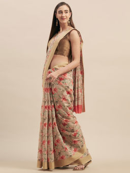 Stylee LIFESTYLE - Beige Cotton Blend Printed Saree With Unstitched Blouse