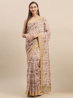Stylee LIFESTYLE - Beige Cotton Blend Printed Saree With Unstitched Blouse