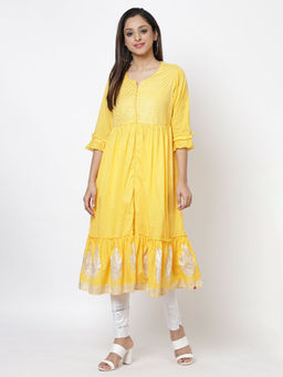Biba - Yellow Printed Kurta With Inner Slip (Set of 2)