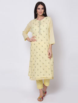 Biba - Pale Yellow Embroidered Straight Kurta With Inner (Set of 2)