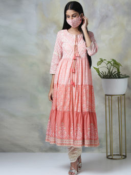 Biba - Peach Embroidered Kurta With Inner And Mask (Set of 3)