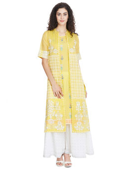 Biba - Yellow Embroidered Kurta With Jacket (Set of 2)