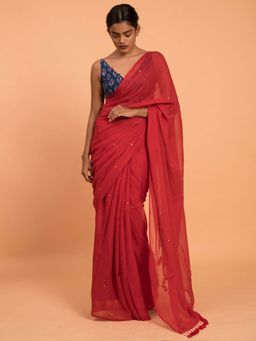 Suta - Red Embellished Pure Cotton Saree without Blouse