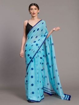 Suta - Light Blue Polka Dots Printed Pure Cotton Saree without Blouse