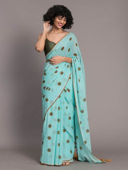 Suta - Blue & Orange Polka Dots Printed Pure Cotton Saree without Blouse