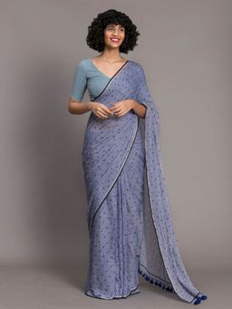 Suta - Blue & Black Polka Print Pure Cotton Saree without Blouse