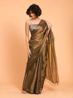 Suta - Black & Gold-Toned Solid Linen Zari Saree without Blouse