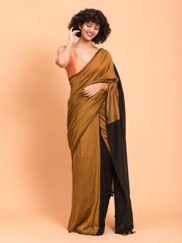Suta - Gold-Toned & Black Colourblocked Cotton Acrylic Saree without Blouse